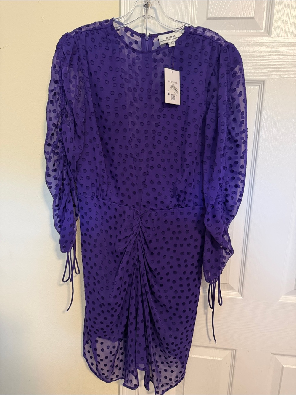 Polka Dot Sheer Sleeve Midi Dress in Purple